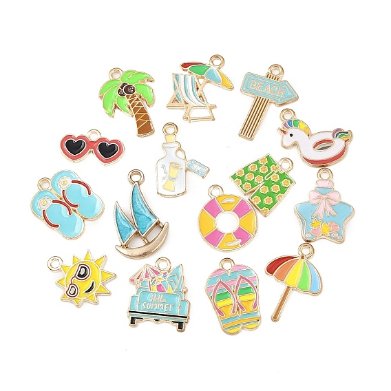 Подвески из эмали и сплава, золотые, солнце/кокосовая пальма/зонт