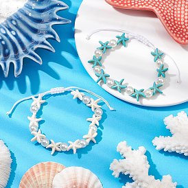 2Pcs Starfish Synthetic Turquoise & Acrylic Pearl Braided Bead Bracelets for Women