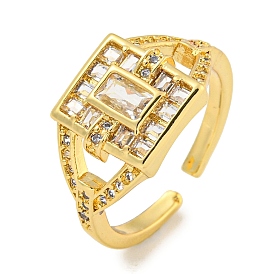 Rack Plating Brass Micro Pave Cubic Zirconia Rectangle Open Cuff Ring for Women, Long-Lasting Plated, Cadmium Free & Lead Free