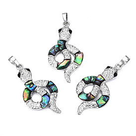 Rack Plating Brass Micro Pave Black Cubic Zirconia Pendants, with Natural Paua Shell, Snake