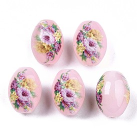 Perles de verre imitation jade imprimées et peintes au pistolet, ovale avec motif floral
