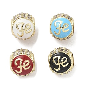 Латунные микропаве прозрачные кубические циркониевые эмалевые европейские бусины, бусины с большим отверстием, круглый со словом fe, стойки покрытие, долговечный, без свинца и без кадмия, реальный 18 k позолоченный