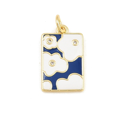 Brass Micro Pave Clear Cubic Zirconia Pendants, with Enamel, Rectangle with Flower Charms, Golden