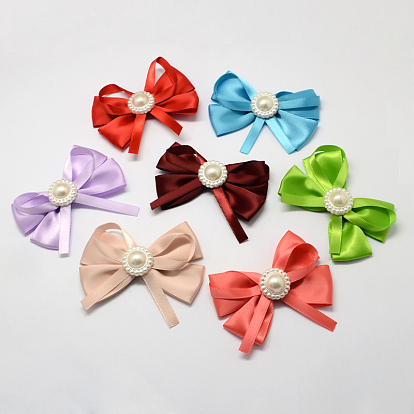 Handmade Woven Costume Accessories, Ribbon Bowknot with ABS Plastic Beads, 58x75x16mm, about 100pcs/bag