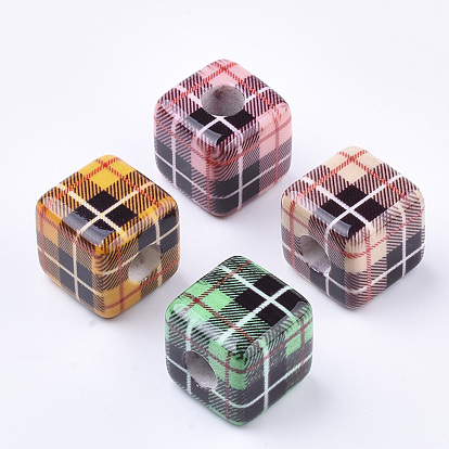 Printed Resin Beads, Plaid Beads, Large Hole Beads, Plaid Beads, Cube with Tartan Pattern