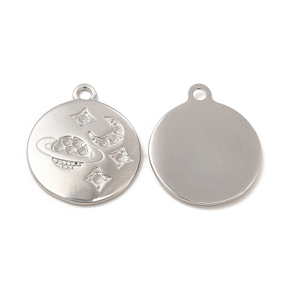 304 Stainless Steel Pendant Rhinestone Settings, Flat Round with Moon & Planet