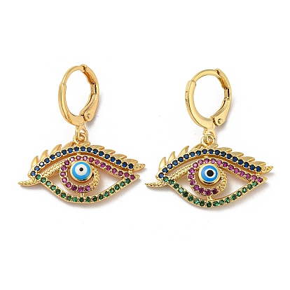 Real 18K Gold Plated Brass Dangle Leverback Earrings, with Enamel and Cubic Zirconia, Evil Eye