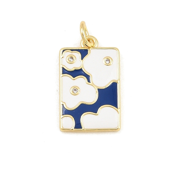 Brass Micro Pave Clear Cubic Zirconia Pendants, with Enamel, Rectangle with Flower Charms, Golden
