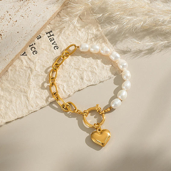 304 из нержавеющей стали шарм браслеты, Браслеты из цепочек и натурального пресноводного жемчуга для женщин, сердце