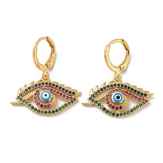 Golden Brass Dangle Leverback Earrings, with Enamel and Cubic Zirconia, Evil Eye