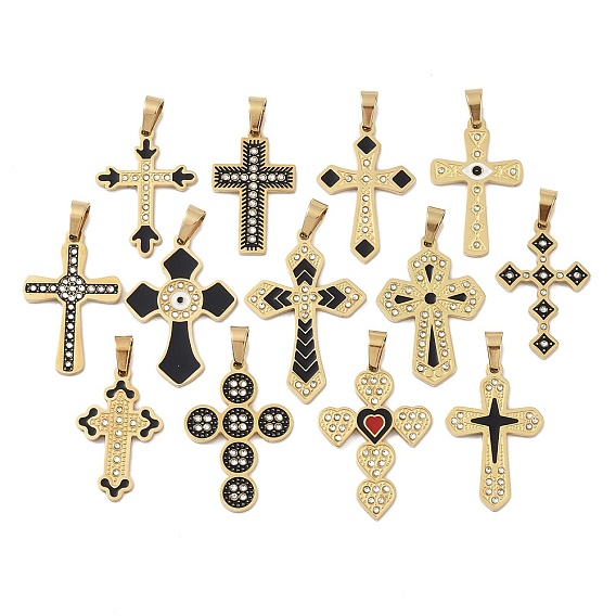 Ионное покрытие (ip) 304 подвески со стразами из эмали из нержавеющей стали, крест прелести