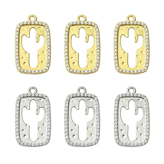 6 шт 2 цвета кулоны из латуни, микропаве, циркония, прямоугольник с подвесками в виде кактуса