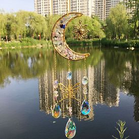 Natural Gemstone Chip & Metal Moon Hanging Suncatchers, with Glass Teardrop/Octagon and Metal Butterfly Link for Home Garden Decoration