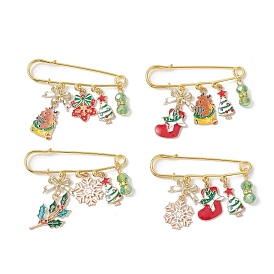 4 шт. сплав эмалевых подвесок-брошей в виде килта, с железными булавками и стеклянными бусинами, рождественская елка, олень и снежинка, золотые