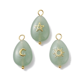3 pcs 3 styles pendentifs en pierres précieuses naturelles, charms en forme de larme avec lune, soleil et étoile en métal plaqué or