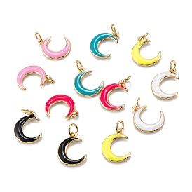 Real 18K Gold Plated Brass Enamel Pendants, with Jump Rings, Long-Lasting Plated, Moon