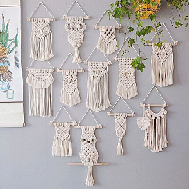 Cotton Cord Macrame Woven Tassel Wall Hanging, Boho Style Hanging Ornament with Wood Sticks, for Home Decoration
