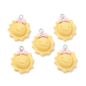 Opaque Resin Pendants, with Platinum Tone Iron Loops, Smiling Sun with Bowknot