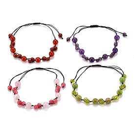 Adjustable Nylon Thread Braided Bead Bracelets, with Natural Gemstone Beads, Round & Flat Round
