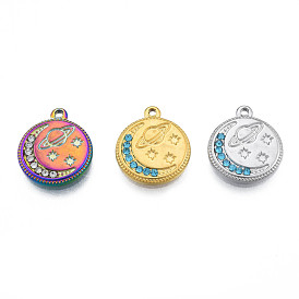 304 Stainless Steel Pendants, with Rhinestone, Flat Round with Moon & Planet