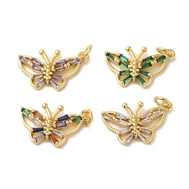 Brass Micro Pave Cubic Zirconia Pendants, Real 18K Gold Plated, Butterfly