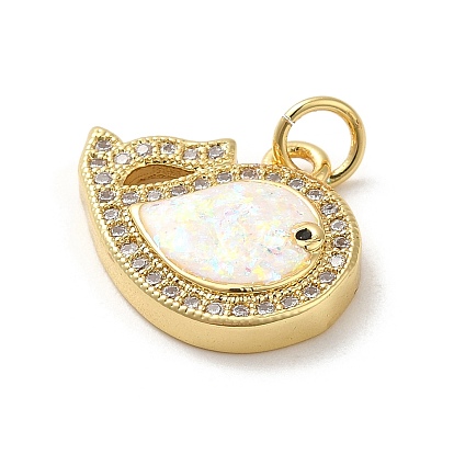 Rack Plating Brass Micro Pave Cubic Zirconia with Synthetic Opal Pendants, with Jump Ring, Lead Free & Cadmium Free, Long-Lasting Plated, Fish, Real 18K Gold Plated