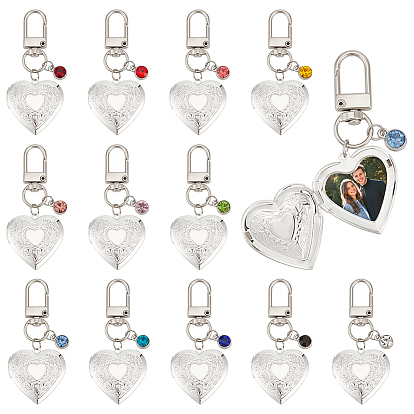 12pcs pendentifs décoratifs en forme de cœur en laiton, avec des breloques en alliage et en strass de verre