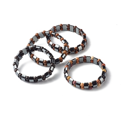 Synthetic Hematite Half Round Beads Stretch Bracelet for Men Women, Wood Beads Bracelets