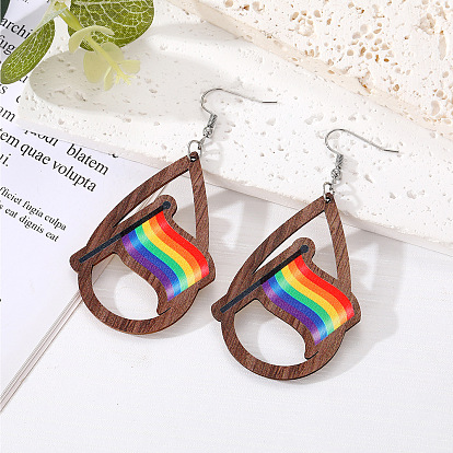 Retro Water Drop Wood Earrings Personalized Simple Geometric Hollow Rainbow Heart Earrings