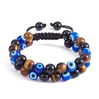 Браслет из плетеных бусин лэмпворк из натурального обсидиана, тигрового глаза и сглаза, двойной браслет из драгоценных камней для женщин