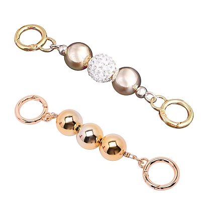 2 piezas 2 estilos de cadena extensora de correa de bolso de aleación, cuentas de hierro y cuentas de diamantes de imitación de arcilla polimérica y anillo de puerta de resorte, para accesorios de reemplazo de correas de bolsa
