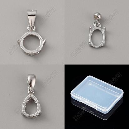 3Pcs 3 Styles Rhodium Plated 925 Sterling Silver Pendant Cabochon Open Back Settings, Basket Pendant Setting with Prongs Mounting, Flat Round & Oval & Teardrop, with 925 Stamp