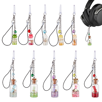 10 piezas 5 estilo correas de resina para móviles, con tapones antipolvo móviles de plástico, botella de deseo