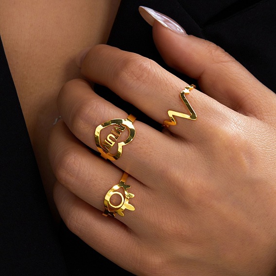 304 Stainless Steel Open Cuff Rings Set for Women, Heart with Word Mum & Evil Eye