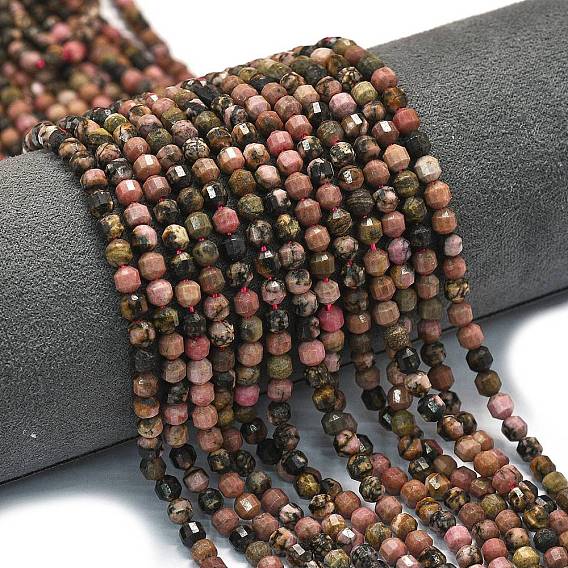 Природные родонит бисер нитей, энергетическая призматическая огранка с двойными концами бусины, граненые двухконусные