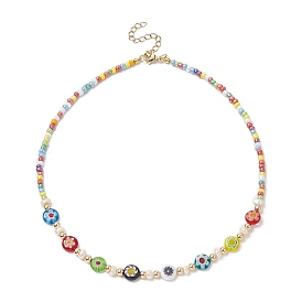 Natural Pearl & Millefiori Glass Flower & Seed Beaded Necklace for Women
