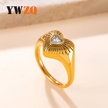 304 Stainless Steel Pave Cubic Zirconia Finger Rings, Heart
