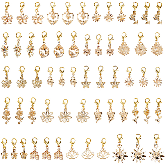 80 décorations de pendentifs en alliage pcs, fleur, avec alliage homard fermoirs pince