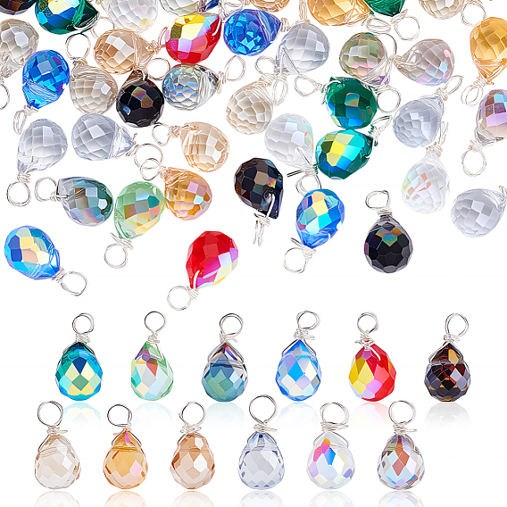 72 шт 12 цвета стеклянные подвески, слеза, с медной проволокой, граненые