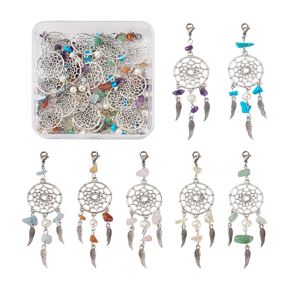 28 шт 7 стиль натуральный драгоценный камень чип кулон украшение, тканая сетка / паутина из сплава с подвесным орнаментом на крыльях, с натуральным культивированным пресноводным жемчугом, 304 нержавеющая сталь застежка когтя омара