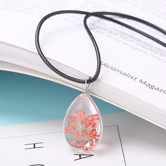 Collier avec pendentif en forme de larme, fleur séchée intérieure en verre transparent, cordon ciré noir