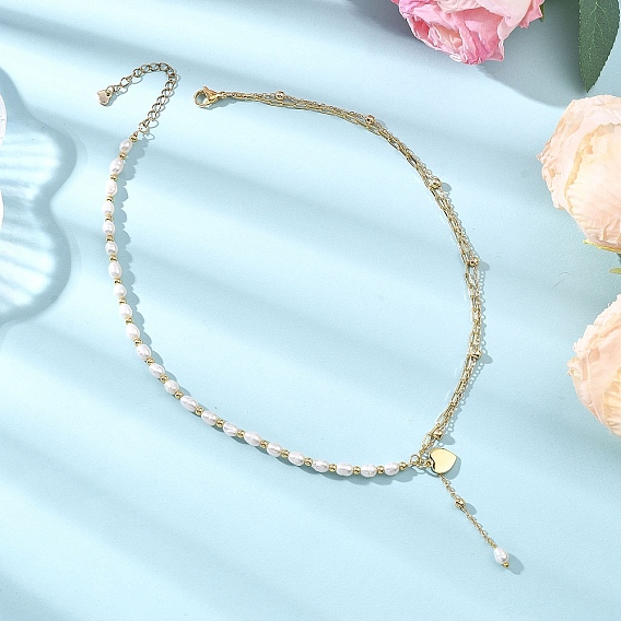 Двухслойные ожерелья из латунной цепочки с натуральным культивированным пресноводным жемчугом и бусинами из риса, ожерелья с подвесками в виде сердечек из латуни, белые