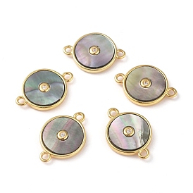 Shell/Natural Gemstone Links/Connectors, with Golden Brass Findings and Cubic Zirconia, Long-Lasting Plated, Flat Round