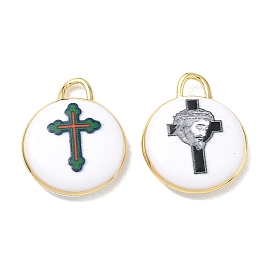 Printed Brass Pendants, Flat Round & Cross Pattern Charms, Rack Plating, Long-Lasting Plated, Lead Free & Cadmium Free, Real 18K Gold Plated