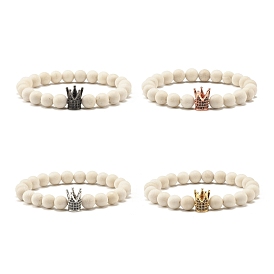 Natural Fossil Round Beads Stretch Bracelet, Crown Cubic Zirconia Bead Bracelet for Women