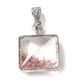 Glass Locket Pendants, with Natural Shell Chips Inside and Alloy Findings, Square Charm