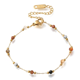 Ion Plating(IP) 304 Stainless Stell Bracelets, Round Faceted Natural Mixed Gemstone Beaded Bracelets, Real 18K Gold Plated