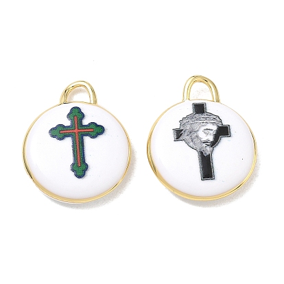 Printed Brass Pendants, Flat Round & Cross Pattern Charms, Rack Plating, Long-Lasting Plated, Lead Free & Cadmium Free, Real 18K Gold Plated