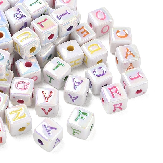 Plating Opaque Acrylic Beads, Craft Beads, Iridescent, Cube with Letter