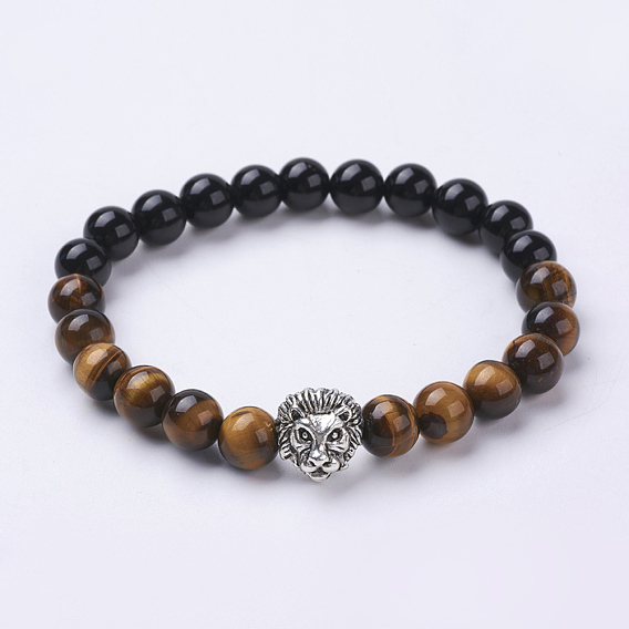 Natural Obsidian and Tiger Eye Stretch Bracelets, with Alloy Findings, Lion Head, Antique Silver
